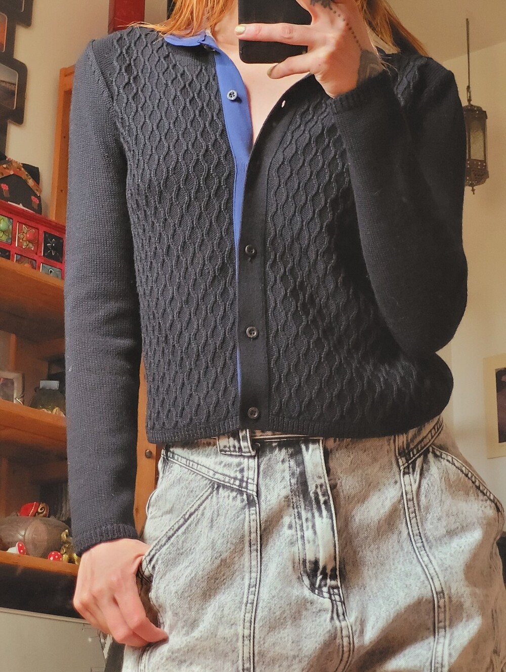 Miu Miu Vintage Black Knit Wool Blend Cardigan with Blue Collar - Size S